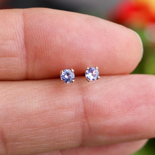 Natural Tanzanite 14k Gold Filled Tiny or 925 Sterling Silver 3mm Round Small Stud Earrings Gift