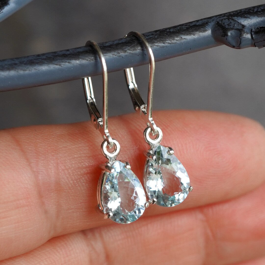 925 Sterling Silver Aquamarine Drop Earrings – Pear Teardrop With Austrian Crystals, Handcrafted In UK