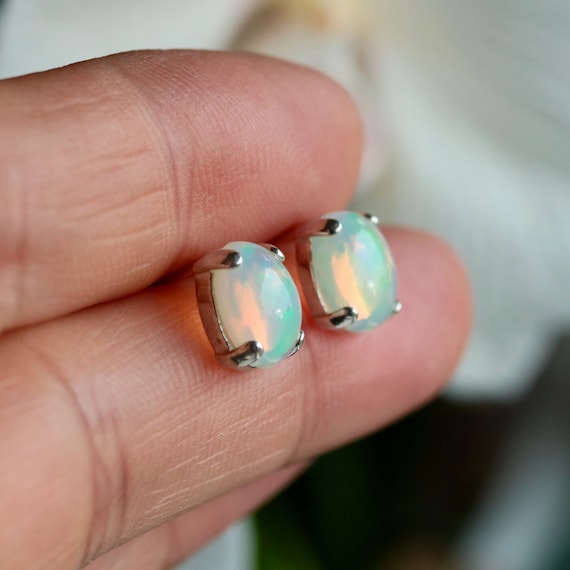 Boucles D'oreilles En Argent Sterling 925 Avec Opale De Feu Ovale 7x5mm - Naturelle, Sertie, Sans Nickel