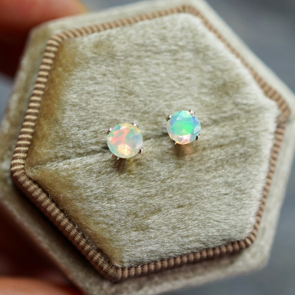 925 Sterling Silver or 14k Gold Filled 5mm Round Faceted Natural Ethiopian Opal Stud Earrings Gift Boxed