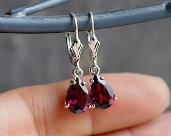 Rhodolite Garnet 925 Sterling Silver Large Teardrop Pear Lever Back Drop Earrings