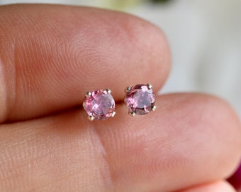 Natural Pink Tourmaline 925 Sterling Silver 4mm Round Stud Earrings Gift Boxed