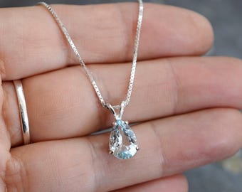 Natural Aquamarine Teardrop Pendant: Sterling Silver Necklace, Gift Boxed