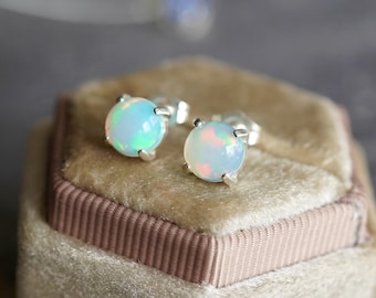 Sterling 925 Silver Natural Ethiopian Welo Opal Stud Earrings 7mm Round Gift Boxed
