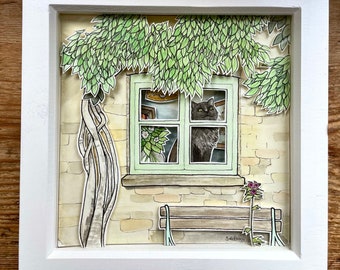Black cat windowsill house painting papercut - SALE!