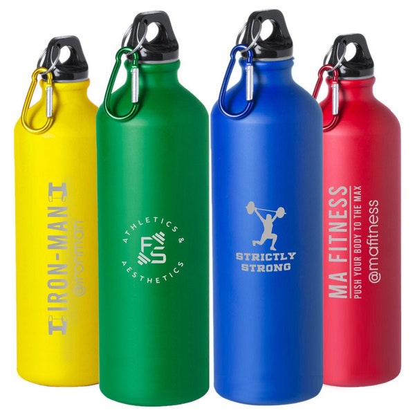 Your Business Name Logo Personalised Large Matt Metal Water Bottle with Bag Clip Instagram Handle, Personal Trainer, Client Gift Any Name