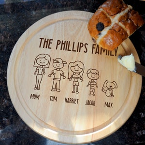 Fathers Day Gift, Personalised Our Family Bread Board Round Wood, Cartoon Stick People Portrait Dad Mum Children Twins Boy Girl Pet Dog, Cat