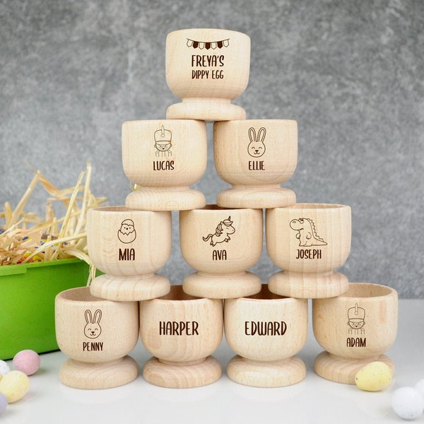 Personalised Egg Cup, Engraved Wooden Egg Cup, Easter Gift for Kids, Dippy Egg Holder, Unicorn, Dinosaur, Solider, Bunny Rabbit, Chick