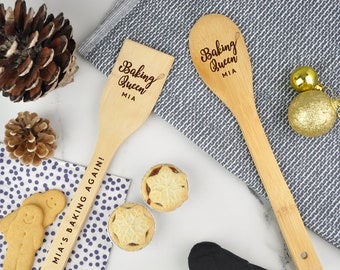 Personalised Baking Queen Wooden Spoon & Spatula Set, Baking Award, Laser Engraved Mixing Spoon, Baking Gift, Birthday Cooking Kitchen Gifts