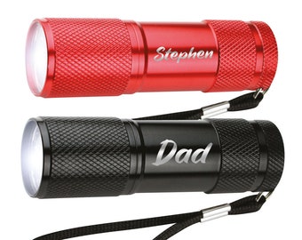 Personalised Hand Torch 6 LED Battery Powered Aluminium Flashlight Tool Customise with Any Name or Text Father's Day Gift