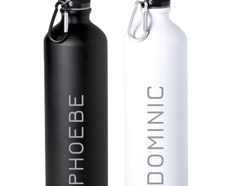 Personalised Metal Water Bottle Matt White Black Large 800ml Capacity with Carabineer Clip Christmas Gift - Any Name - Yoga, Gym, Work