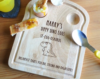 Dinosaur Theme Personalised Toast Shaped Egg Cup Breakfast Board, Dippy Egg & Soldiers  'Dippy Dino Egg' Healthy Easter Gift for Children