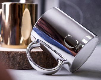 Gepersonaliseerde metalen koffiemok - keramiek 350 ml zilvergouden theekop - monogram aangepaste naam en initiaal, luxe gouden mok, cadeau koffieliefhebber
