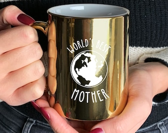 Worlds Best Mum, Mummy, Mother - Mum Mug - Personalised Coffee Cup, Mother's Day Gift - Silver / Gold Metallic Coffee Mug