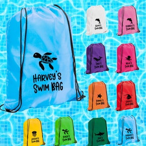 Sac de natation personnalisé avec cordon de serrage, nom de l'enfant, dauphin, tortue, requin, étoile de mer, baleine, sac à dos de natation, sac à dos pour enfants, retour à l'école