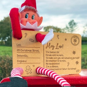 Elf aankomstkaart, houten kerstkaart, gepersonaliseerde kerstelf retourbrief, welkom terug elf mail met meisje of jongen elf optie