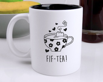Coffee Mug "FIF-TEA" Design, 50th Birthday Gifts for Women, Gift for 50 Year Old Her, Fiftieth Mum, Tea Lover Gift White & Black Coffee Mug