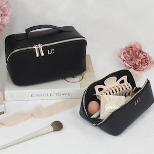 Luxury Personalised Make Up Bag, PU Leather Flat Lay Bag, Small/Large Accessory Case with Initials, Bridesmaid Gift, Cosmetic Travel Case image 1