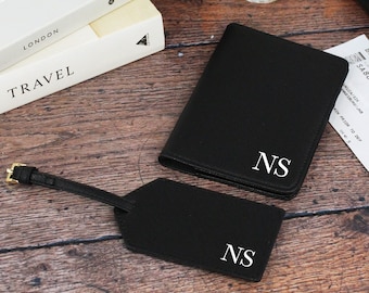Men’s Travel Set, Personalised Passport Cover & Luggage Tag for Him, PU Leather Passport Wallet, Suitcase Tag for Travels and Weekends Away 