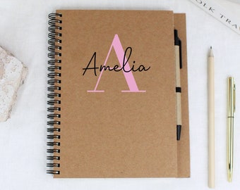 Personalised Name Initial Spiral Lined Notebook & Pen, Recycled Cardboard Notepad, Journal, Name, Initial, Monogrammed, Planner New Job Gift