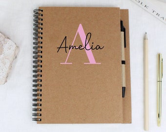 Personalised Name Initial Spiral Lined Notebook & Pen, Recycled Cardboard Notepad, Journal, Name, Initial, Monogrammed, Planner New Job Gift