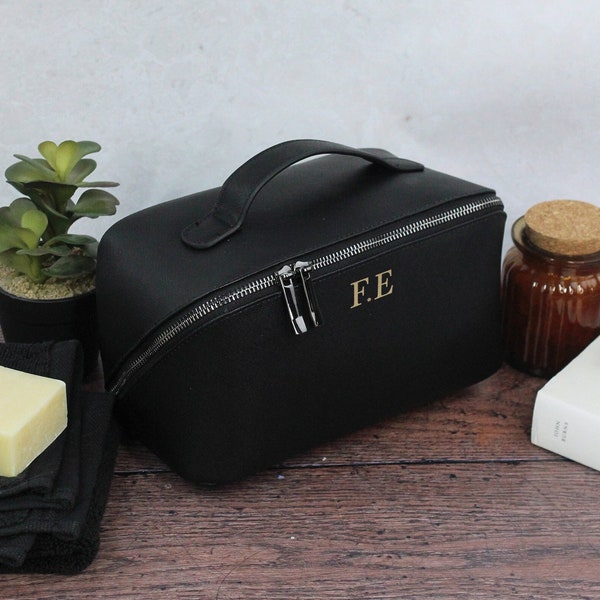 Large Personalised Men’s Wash Bag in Black with Black Zip Detail, PU Leather Lay Flat Travel Toiletry Bag, Monogrammed Accessory Case