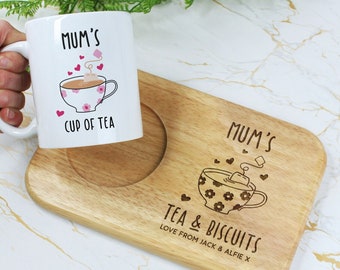Personalised Mum's Tea & Biscuits Board with Coffee Mug Option, Wood Treat Board, Mother's Day Gifts for Mum, Grandma, Mummy, Tea Lover