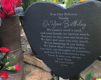 Engraved Memorial Plaque, Personalised Heart Shaped Slate Grave Ornament, Heavenly Birthday / Anniversary, In Loving Memory, Remembrance