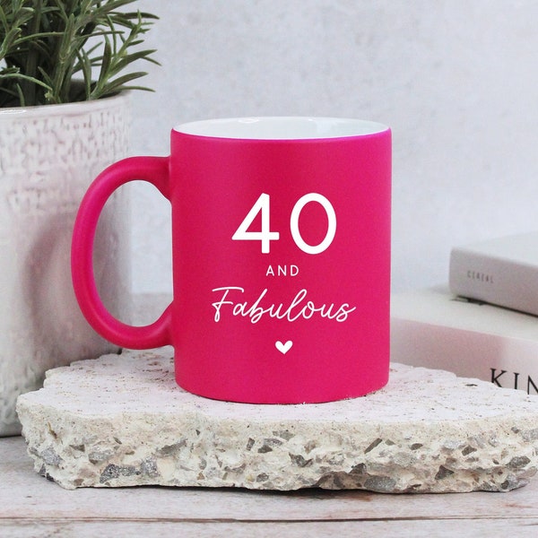 Personalised Neon Pink Mug, 40 & Fabulous Ceramic Coffee Cup, Milestone Birthday, 40th Birthday Gift for Her, Mum, Auntie, Friend, Wife