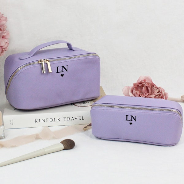 Personalised Flat Lay Make Up Bag, Small/Large PU Leather Cosmetic Case, Initials & Heart, Bridesmaid Gift, Travel Toiletry Bag Mothers Day