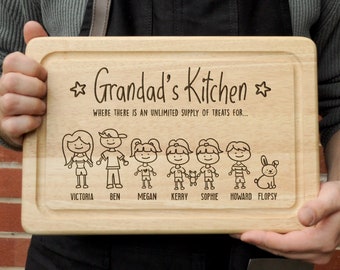 Personalised Grandad's Kitchen Wood Cutting Board, Where There Is An Unlimited Supply Of Treats, Family Portrait, Grandad Father's Day Gift