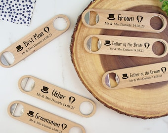 Wooden Bottle Opener, Personalised Wedding Gift for Father of the Bride, Father of the Groom, Best Man, Groomsmen, Stag - Top Hat & Bow Tie
