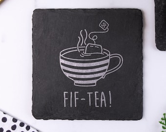 Diseño "FIF-TEA" de pizarra grabado con láser, regalos de cumpleaños número 50 de papá para hombres, él, quincuagésimo papá, amigo, tapete de bebidas cuadradas, amante del té