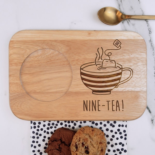 Tagliere per tè e biscotti inciso, design "NINE-TEA", tagliere per caffè in legno, regali per il 90° compleanno di papà per uomini, lui, novantesimo nonno, zio