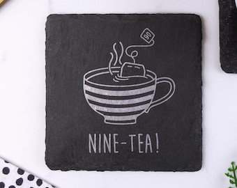 Laser Engraved Slate Coaster "NINE-TEA" Design, Dad 90th Birthday Gifts for Men, Him, Ninetieth Grandad, Uncle Square Drinks Mat, Tea Lover