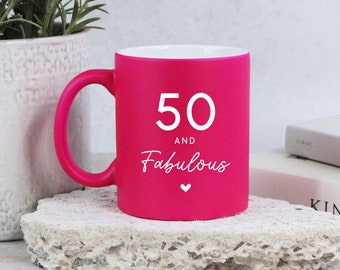 Personalised Neon Pink Mug, 50 & Fabulous Ceramic Coffee Cup, Milestone Birthday, 50th Birthday Gift for Her, Mum, Auntie, Friend, Wife