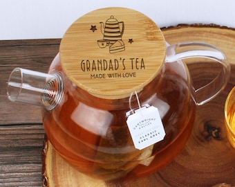 Grandads Glass Tea Pot, 1L Personalised with Grandad's Tea, Dad's Tea Pot, Made With Love, Engraved Wooden Lid, Granddad Fathers Day Gift