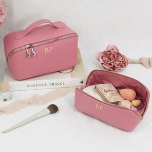 Luxury Personalised Make Up Bag, PU Leather Flat Lay Bag, Small/Large Accessory Case with Initials, Bridesmaid Gift, Cosmetic Travel Case image 3