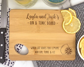 Personalised G & T Lemon / Lime Cutting Chopping Board for Couples, Gin and Tonic Gift. 5th Wedding Anniversary Wood Gift