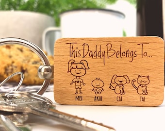This Daddy Belongs To Keyring, Hand Drawn Personalised Family Members Son, Daughter, Twins, Angel Baby, Cat, Dog, Pets, Dad Fathers Day Gift