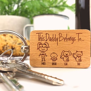 This Daddy Belongs To Keyring, Hand Drawn Personalised Family Members Son, Daughter, Twins, Angel Baby, Cat, Dog, Pets, Dad Fathers Day Gift