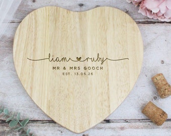 Personalised Bride & Groom Heart Shaped Chopping Board, with Couples Names, New Married Surname and Wedding Day Date, Mr and Mrs Present