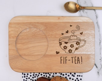 Engraved Tea & Biscuits Board, "FIF-TEA" Design, Wood Coffee Treat Board, Mum 50th Birthday Gifts for Women, Her, Fiftieth Mum