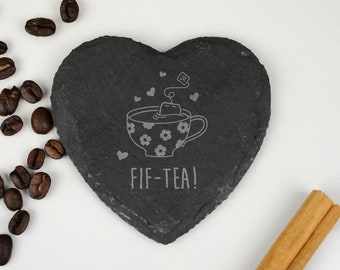 Laser Engraved Heart Slate Coaster &quot;FIF-TEA&quot; Design, Mum 50th Birthday Gifts for Women, Her, Fiftieth Mum, Drinks Mat, Tea Lover