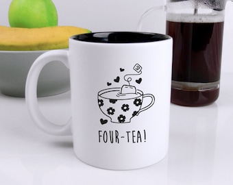 Black Reveal Engraved Coffee Mug "FOUR-TEA" Design, Mum 40th Birthday Gifts for Women, Her, Fortieth Mum, 350ml Cup, Tea Lover Gift