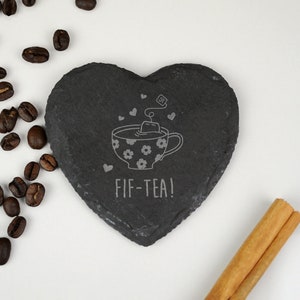 Laser Engraved Heart Slate Coaster "FIF-TEA" Design, Mum 50th Birthday Gifts for Women, Her, Fiftieth Mum, Drinks Mat, Tea Lover