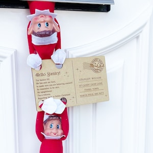 Postal de llegada de elfo, postal de Navidad de madera, carta de devolución de elfo personalizada, sello de trineo, correo de elfo de bienvenida, opción de elfo de niña niño