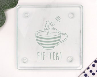 Regalo de cumpleaños número 50 para hombres, posavasos de café de vidrio con diseño de taza "FIF-TEA", regalos de cumpleaños número 50 para esposo, cumpleaños número 50 de papá, amante del té