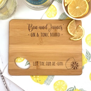 Couples Personalised G & T Lemon / Lime Cutting Chopping Board, Gin and Tonic Engraved bamboo wood. Let the fun Be-Gin! Housewarming Gift