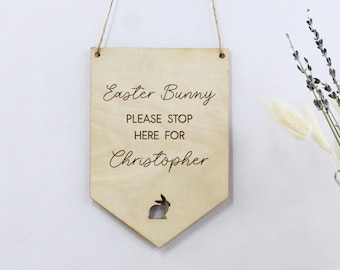 Easter Bunny Please Stop Here Sign, Hanging Wood Easter Egg Hunt Sign, Easter Bunting Decoration with Child's Name Personalised,